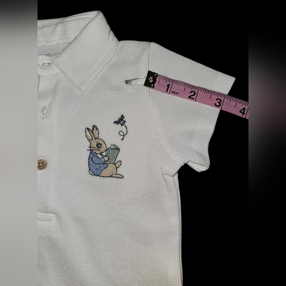 M&S Peter Rabbit Baby Boy Polo Top White Waffle Knit Cotton Embroidered Sz 6/9 M - Picture 6 of 9
